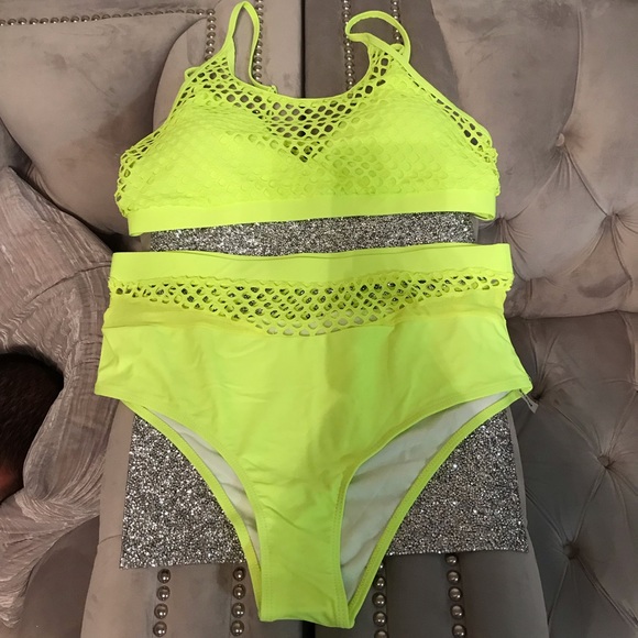 SHEIN Neon Green Fishnet High Waisted Swimsuit - Picture 2 of 9